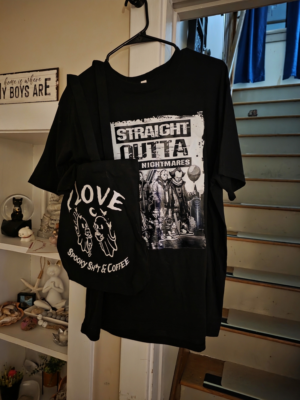 Unisex Black 'Straight Outta Nightmares' Graphic Tee With Halloween Black Tote